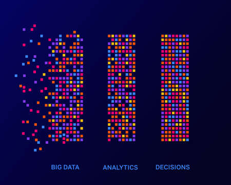 Big data analytics. Digital analysis of business information on modern computer equipment with visualization of bar charts and vector squaresのイラスト素材