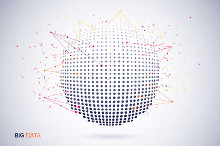 Global big digital data collection with analytics. Abstract globe planet with triangular diagrams protruding from online coded vector particlesのイラスト素材