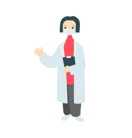 Doctor in mask with tablet. Female character specialist in dressing gown waving his hand affably medical professional guard of vector health.のイラスト素材