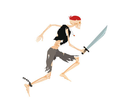 Running pirate skeleton with saber. Revived dead man in bandana is rapidly attacking enemies terrible embodiment of vector death.のイラスト素材