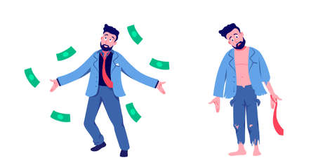 Rich and poor man. Joyful businessman throwing green cash and beggar in tattered clothes with empty pockets sudden profit and total bankruptcy vectorのイラスト素材