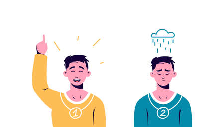 Winner and loser. Joyful character who took first place in corporate and student competitions and sad loser in second vector placeのイラスト素材