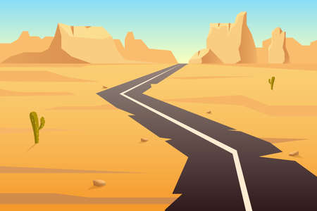 Winding highway in desert. Old asphalt road going through yellow sands with cactuses rocky mountains on horizon with deserted vector savanna.のイラスト素材