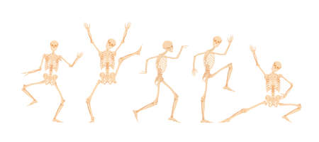 Dancing and running skeletons. Dead people are jumping merrily and standing on their hands creepy abstract dial made of vector bone figures.のイラスト素材