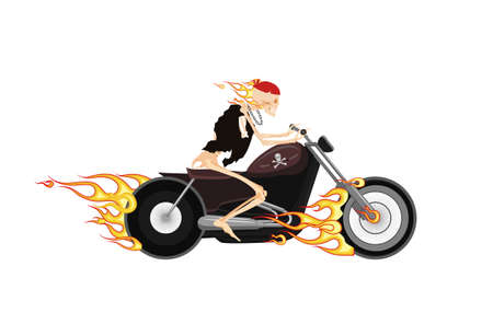 Burning skeleton biker on fiery motorcycle. Dead man in bandana rushes on vintage chopper creep ghost rider sets out vector hunt.のイラスト素材