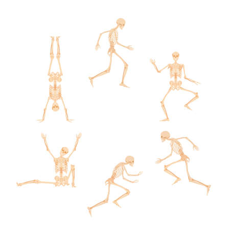 Circle of dancing and running skeletons. Dead people are jumping merrily and standing on their hands creepy abstract dial made of vector bone figures.のイラスト素材
