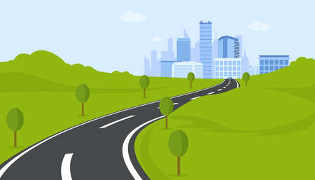 Central winding highway to metropolis. Curve marked road towards city green fields and trees on sides in picturesque vector landscapeのイラスト素材