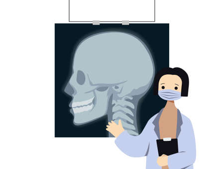 Doctor with xray of human skull. Specialist talks about bone pathologies and neck injuries and internal vector diseases.のイラスト素材