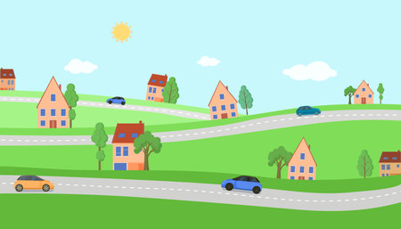 Highway road in village. Cars drive on winding circular roads next to houses green summer landscape with trees and vector grass.のイラスト素材
