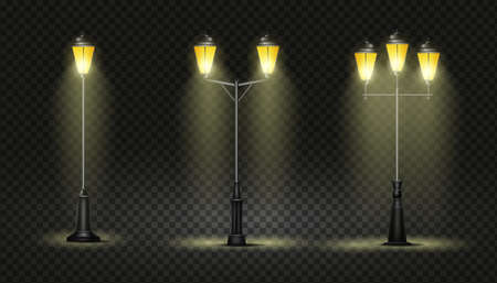 Glowing street lights isolated. Vintage lighting in glass bells on curly iron pillars elegant triple and double retro vector lanternsのイラスト素材