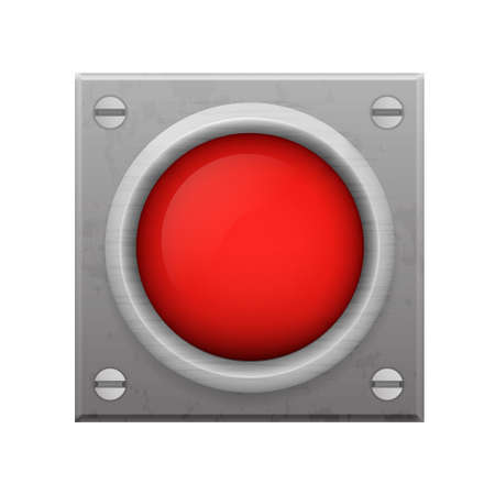 Red alarm button. Emergency signaling symbol on metal plate for quick disconnection of dangerous devices and warning of vector dangerのイラスト素材