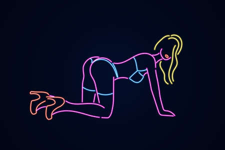 Neon silhouette of stripper dancer. Abstract glowing line woman kneeling strip bar symbol with hot erotic dances and attractive sexy vector girlsのイラスト素材
