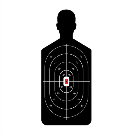 Target in form of man for shooting range. Black silhouette with outlined circles and numbers of points for hitting training in shooting from firearms and vector bow.のイラスト素材