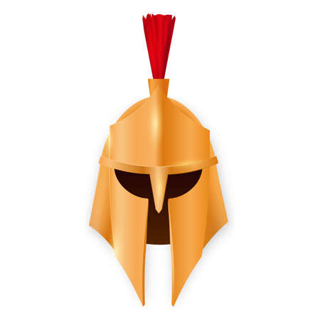 Greek golden antique helmet. Bronze item with slits for eyes and mouth of heroic spartans and vector gladiators with red feather topのイラスト素材