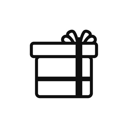 Gift box icon. Festive square surprise package with ribbon for birthday celebration and decorative vector greetingのイラスト素材