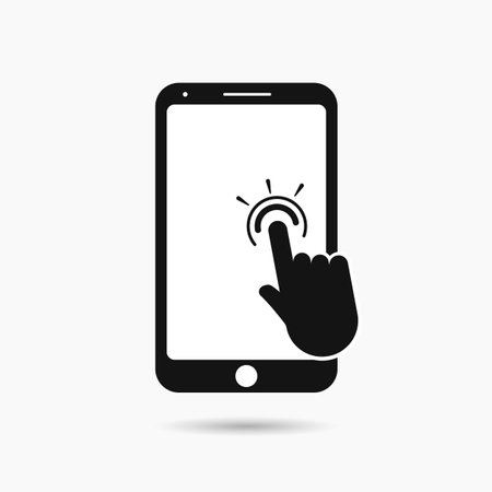 Finger presses on smartphone screen icon. Hand interacts with touch digital device to call menu and vector app interfaceのイラスト素材