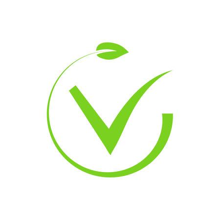 Eco check mark green. Approved without synthetics and choosing right nature solution downloading and installing web addons is vector completedのイラスト素材