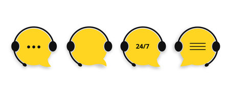 Support service chat icon set. Yellow speech bubbles in headphones assistants in technical problems and helpline with marketing vector consultantsのイラスト素材