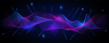 Purple techno mesh waves in dark background. Futuristic digital stream with neon beams and dynamic vector streaksのイラスト素材
