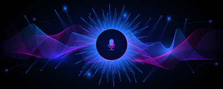 Neon digital waves with microphone in center background. Purple techno stream with blue beams and dynamic vector streaksのイラスト素材