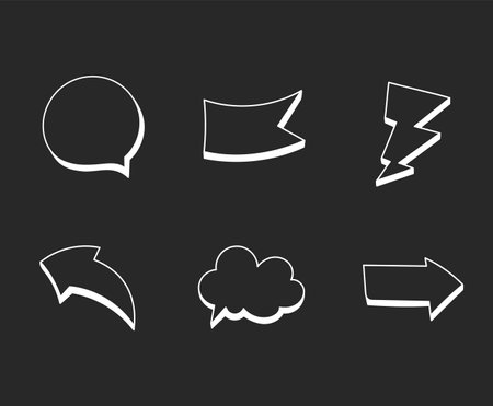 Frames hand drawn icon set. Arrows pointers with speech bubbles and lightning bolts for artistic creative vector designのイラスト素材
