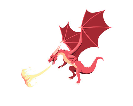 Red dragon breathes fire. Mythical winged beast with ferocious attack temper from fantasy vector storiesのイラスト素材