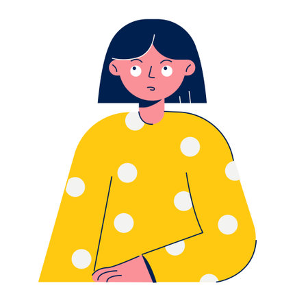 Thoughtful girl. Child in yellow pajamas with spots with surprise and doubt on his face as symbol of thinking vector characterのイラスト素材