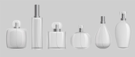 Glass bottles with perfumes mockup. Realistic templates transparent packaging for gel perfume clean hygiene for beauty salons moisturizing cleansing vector effect.のイラスト素材
