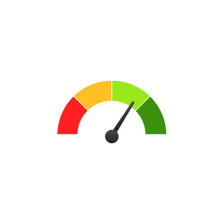 Circle color scale indicator. Measuring gauge with dial showing positive green and negative red pressure with dashboard vector speedometerのイラスト素材