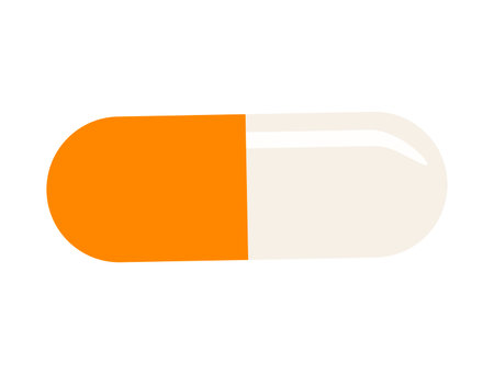 Orange white medicine capsule. Pill with antibiotic and vitamins for treatment and prevention with pharmaceutical prescription maximum vector actionのイラスト素材