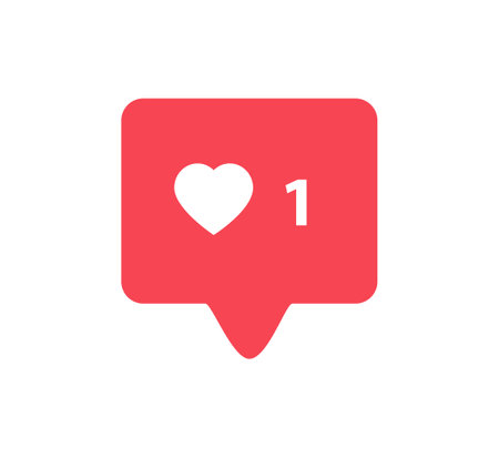 Notifications icon Like, speech bubble. Like icon with heart, one like and shadow for social network on red background. Speech bubble, poster and sticker concept for banner, web. Vector Illustrationのイラスト素材
