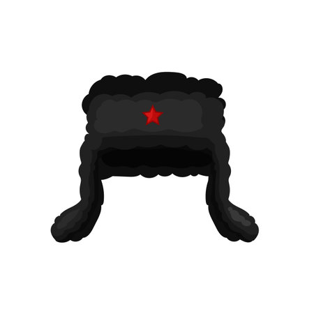 Hat with earflaps with red star. Soviet headdress made of warm fur to protect against cold with vintage traditional vector designのイラスト素材
