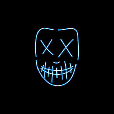Neon blue zombie mask. Dead character with cross eyes and sewn mouth with fangs for halloween and vector partyのイラスト素材