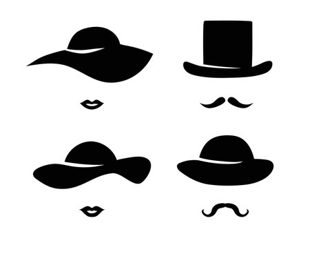 Male and female hats with lips and mustaches template. Retro black gentleman and lady character with vintage style for masquerade and designer vector avatarのイラスト素材