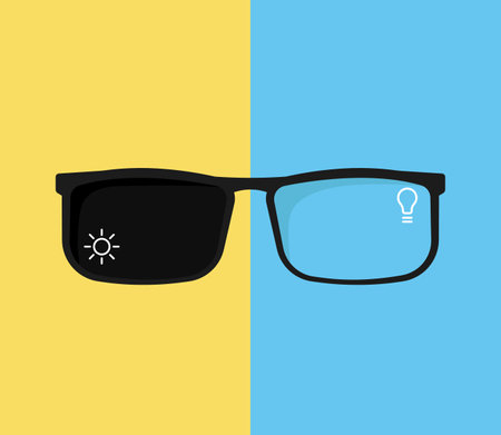 Sunglasses with photochromic lenses. Modern accessory with color changing glasses to protect eyes from sun with stylish lenses and plastic vector frames.のイラスト素材
