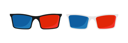 Glasses with red and blue lenses for viewing 3d video. Plastic cinema accessory for comfortable trip to cinema with convenient vector pastimeのイラスト素材