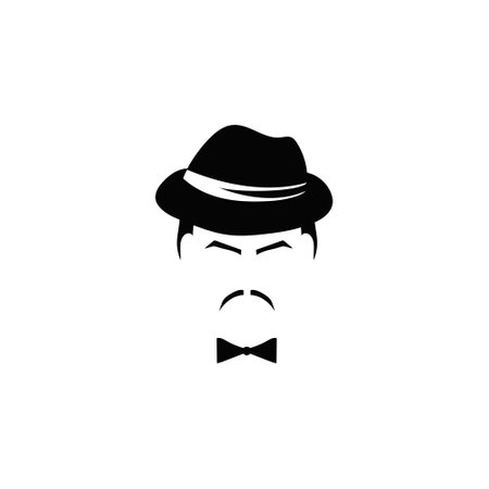 Retro male profile with tie hat and mustache template. Mafia men character 20s with vintage style for masquerade and designer vector avatarのイラスト素材