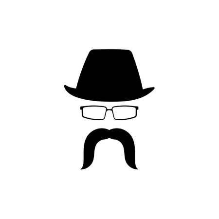 Funny head in glasses hat with mustache template. Gentleman character with vintage style for masquerade and designer vector avatarのイラスト素材