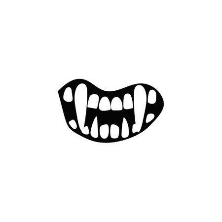 Scary werewolf mouth. Angry creature joy with sharp teeth and ferocious vampiric grin for halloween and demonic vector designのイラスト素材
