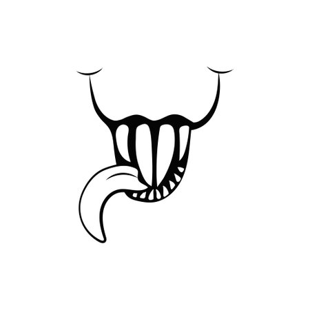 Scary smile with tongue hanging out. Creepy monster joy with sharp teeth and ferocious vampiric grin for halloween and demonic vector designのイラスト素材