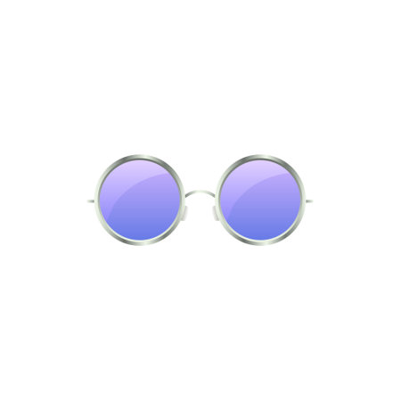 Round purple retro sunglasses. Unisex accessory to protect eyes from sun with stylish lenses and plastic vector framesのイラスト素材