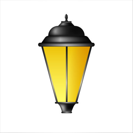 Vintage street lamp. Yellow lighting in glass bells on iron pillars elegant spotlight and retro vector lanternsのイラスト素材