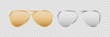 Gold and silver aviator sunglasses on transparent surface. Elegance accessory to protect eyes from sun with stylish lenses and plastic vector frames.のイラスト素材