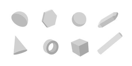 White geometric 3d shapes set. Grey cylinders with hexagon and triangle as modern design elements with object of simple vector constructionsのイラスト素材