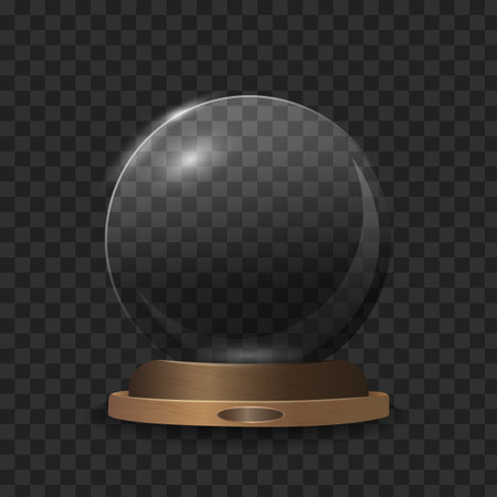 Glass transparent sphere on stand isolated. Festive ball for realistic christmas and birthday decorations with gift vector designのイラスト素材