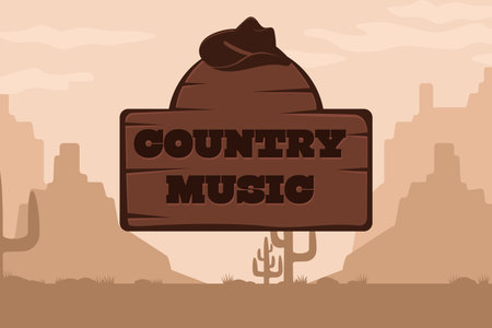 Country music poster with cowboy hat on the background of a scenic landscape. Vector illustration on the theme of the Wild West with desert American prairies in retro styleのイラスト素材