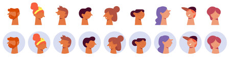 Portrait avatars characters set. Cheerful men and women doodles for comics and web vector account designのイラスト素材