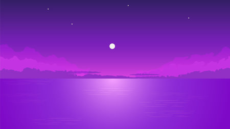 Night silhouette lonely girl with rising moon. Alone dreamy woman looking at purple sky with moon among clouds on sea pier illustration vector person loneliness pensive depression.のイラスト素材