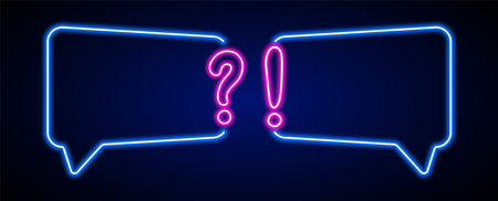 Neon quiz frame with question and exclamation. Faq question answer template. Neon quiz borderのイラスト素材