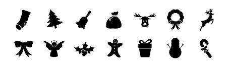 Christmas holiday black solid silhouette icons. Santa gift and bag with presents. Xmas clipart new year setのイラスト素材